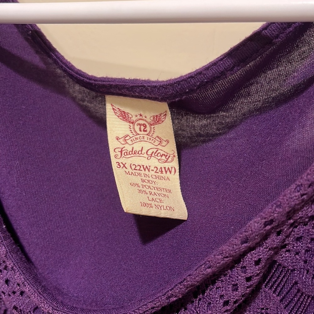 Beautiful purple Faded Glory top size 3X double lined front with lace detail - Picture 2 of 7